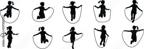 Children Jump rope silhouette vector set showing ten dynamic poses of rope skipping workout, perfect for fitness training, sport exercises and active lifestyle vector template flat graphics design
