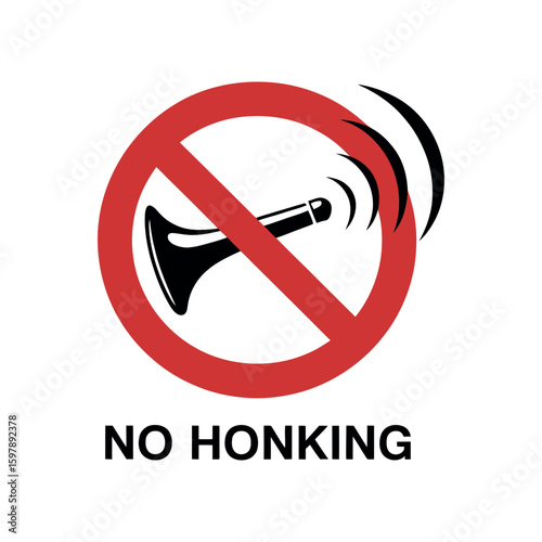 Red prohibition circle over black horn with sound waves and text no honking prohibition sign