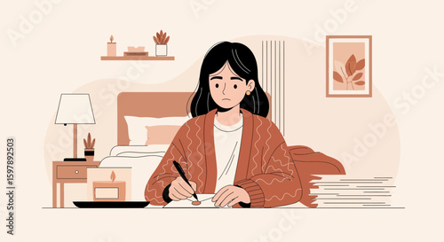 Woman Writing At Desk Late In Her Bedroom Focused On Finishing Task