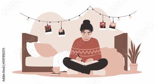 Woman Writing Diary At Home Cozy Evening In Her Bedroom