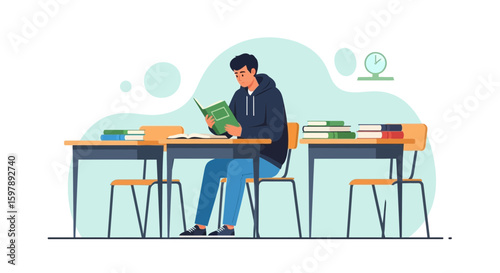 Student Studying Hard in Classroom Reading A Book At Desk In School