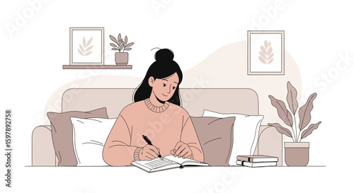 Woman Writing In A Notebook Relaxing On The Sofa In A Cozy Room