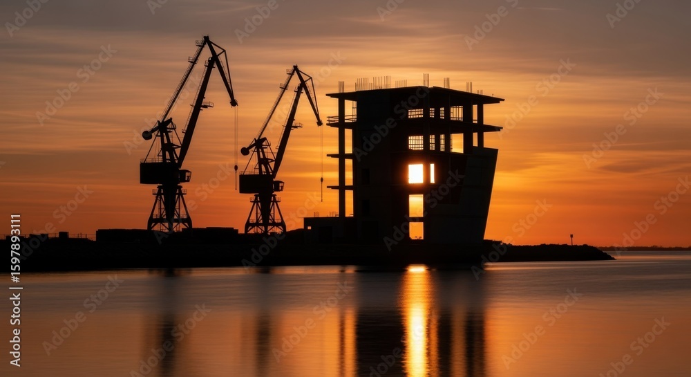 Obraz premium Silhouetted cranes and unfinished structure against a vibrant dawn sky near calm waters.