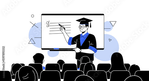 Professor Giving Lecture To Students In A University Classroom Setting Illustration