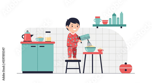 Young Baker At Work, Child Standing On Stool Preparing Dessert, Family Activity