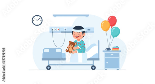 Recovering Boy In Hospital Bed Holding Teddy Bear And Surrounded By Balloons