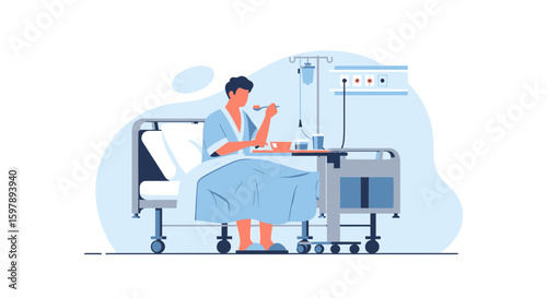 Recovering Patient Eating Meal in Hospital Bed With Iv Drip Illustration