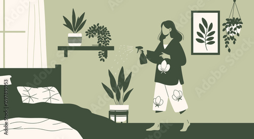 Refreshing Indoor Plants At Home In Bedroom With A Woman Spraying Water