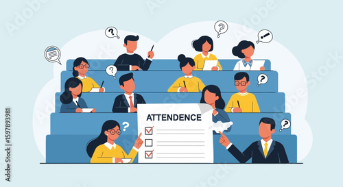 Students Attending Class Meeting With A Teacher Checking Attendance List In A Classroom