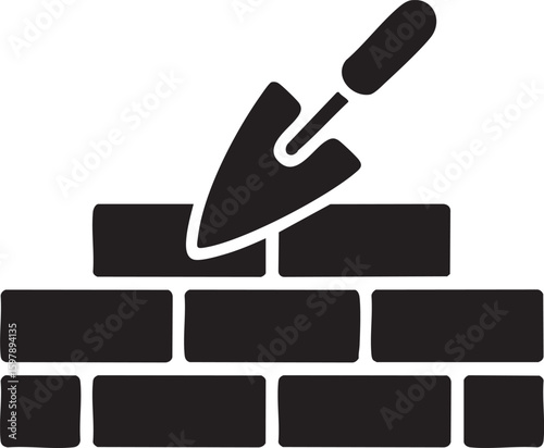 Minimalist Black Brick Wall With Trowel Vector Silhouette Icon Representing Construction Building Work Masonry Architecture Labor Concept Illustration Design

