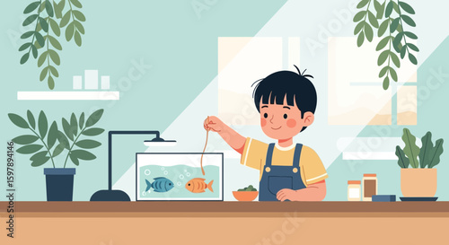 Young Boy Feeding Fish In Aquarium At Home With Decoration Houseplants