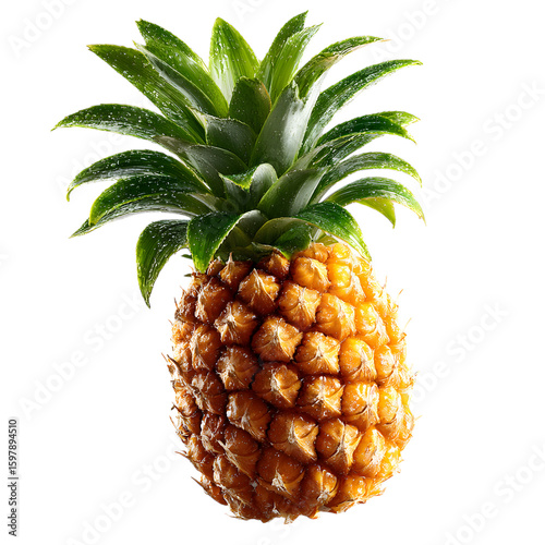 A golden pineapple levitates in slight rotation, backlit to define the textured rind and glossy green leaves with dramatic depth, cleanly isolated on transparent background. --v 7.0 --s 250 --raw
