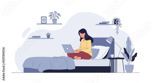 Relaxed Woman Enjoying Laptop Use In Her Comfortable Bedroom