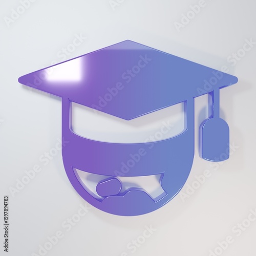 Purple-blue Graduation cap on globe icon isolated on grey background. World education symbol. Online learning or e-learning concept. Minimalism concept. 3D render illustration