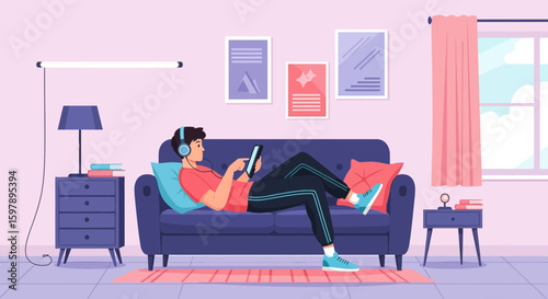 Relaxing At Home Using A Tablet Technology Enjoying Leisure Time