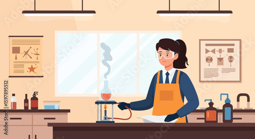 Young Female Scientist Conducting Experiment in Laboratory With Bunsen Burner