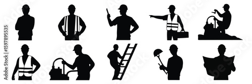 Construction worker silhouette people safety banner icon infographic illustration modern template minimal graphic design pattern poster creative helmet vest ladder tool blueprint plan industrial job l