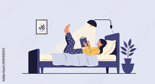 Relaxing Evening Routine A Young Woman Reading A Book In Bed At Night
