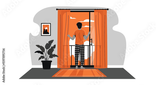 Relaxing Morning: Person Enjoying Sunrise From Apartment Balcony in Pajamas