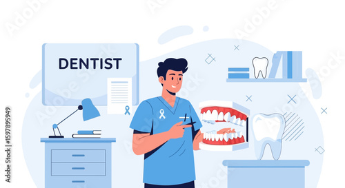 Young Male Dentist Holding a Jaw Model in Dental Office Illustration