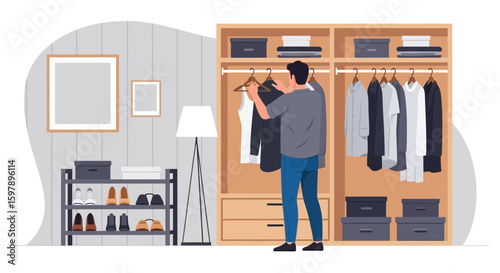 Young Man Arranging Clothes Inside Wardrobe At Home Modern Flat Vector Style