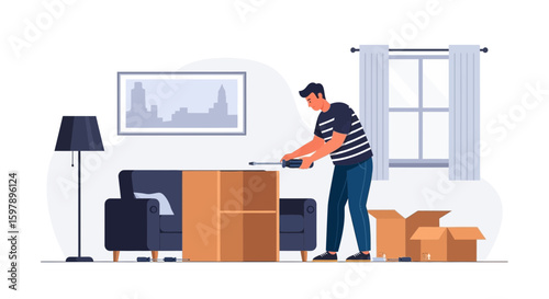 Young Man Assembling Furniture Using Screwdriver In Modern Living Room