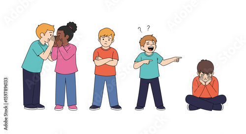 Children experiencing different social interactions in a playground showing bullying and exclusion amongst peers