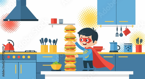 Superhero Boy Balancing Stack Of Burgers In Kitchen Achieving Culinary Feat