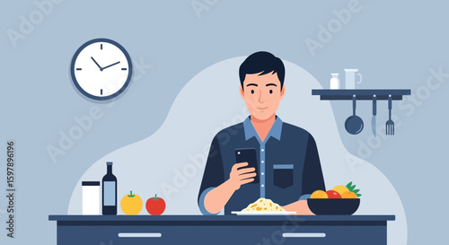 Young Man At Home Using Smartphone During Meal In Flat Vector Illustration