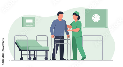 Supportive Nurse Assists Patient With Walker During Rehabilitation In Hospital Ward