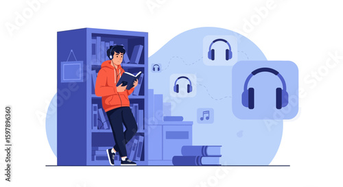 Relaxing With Audiobook Young Man Listening to Story Near Bookshelf