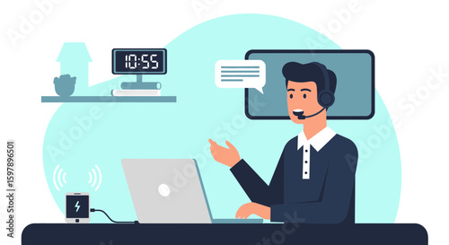 Remote Work Representative Explaining Solutions Via Teleconference On A Laptop