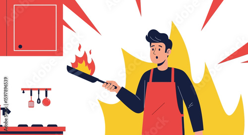 Surprised Cook Holding a Pan With Fire in The Kitchen Mishap Moment