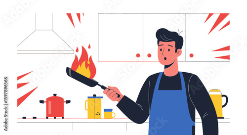 Surprised Man With Fire In Pan In Kitchen Culinary Accident Illustration