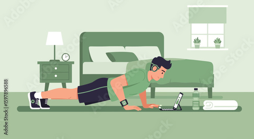 Young Man Doing Pushups In Bedroom Exercising Using Laptop For Online Fitness Course