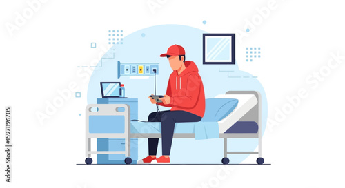 Young Man Engaged In Playing Video Games While Recovering In A Hospital Bed