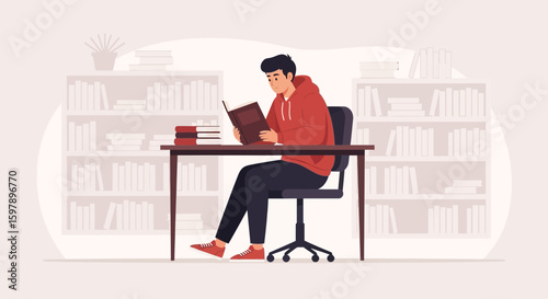 Young Man Enjoying A Book At Home Library During Leisure Time