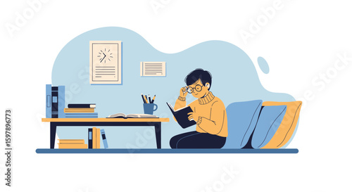 Young Man Enjoying a Book in Comfortable Room with Bookshelves and Relaxing Atmosphere
