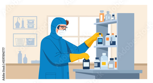 Researcher In Protective Suit Arranging Chemicals In Laboratory Science Environment