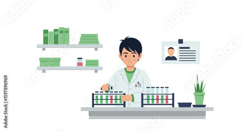 Researcher Working In A Laboratory Surrounded By Shelves And Chemical Test Tubes