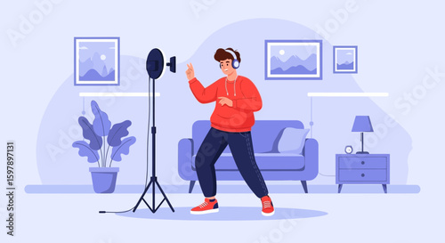 Young Man Expressing Himself Recording Podcast in Home Studio Vibrant Scene