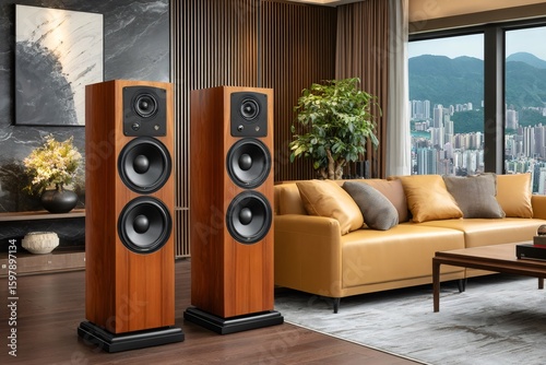 High fidelity audio speakers enhancing modern living room ambiance