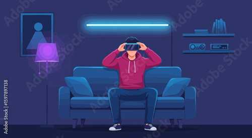 Young Man Experiencing Virtual Reality Headset on Couch Immersed in Digital World