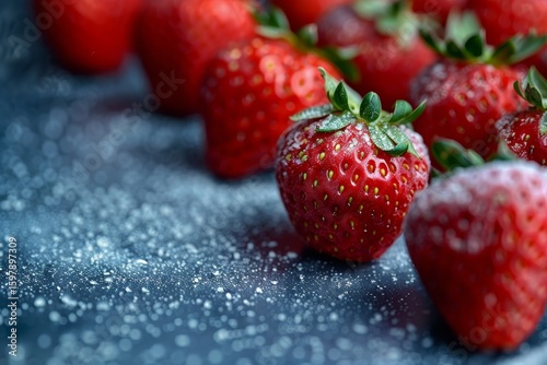 Close up of fresh ripe strawberries on dark background in artistic low key photography style