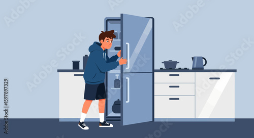 Young Man In Hoodie Opens Refrigerator Door At Home Kitchen Illustration