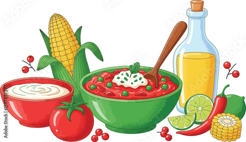 Bowls of chili and sour cream with corn, peppers, and oil bottle