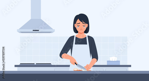 Sad Woman Chopping Onions In Kitchen Preparing Food With Tears On Face