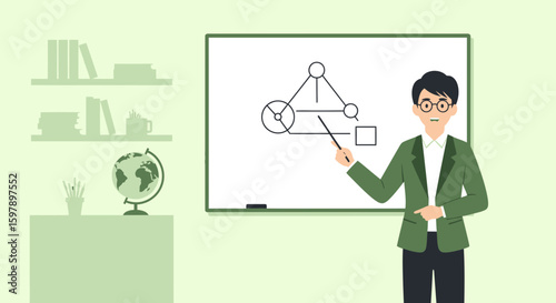 Teacher Explaining Diagram On Whiteboard In Classroom Setting With Books And Globe