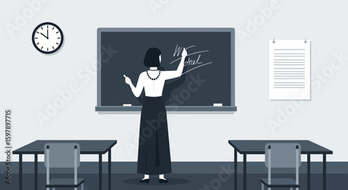 Teacher Explaining Lesson On Blackboard In Empty Classroom During Lesson Time