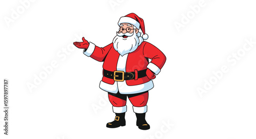 A jolly cartoon santa claus greeting everyone with his right hand outstretched in a welcoming gesture during the holiday season